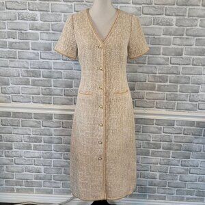Zoe and Claire Tweed Midi Dress M Pearl Button V-Neck Short Sleeve Quiet Luxury